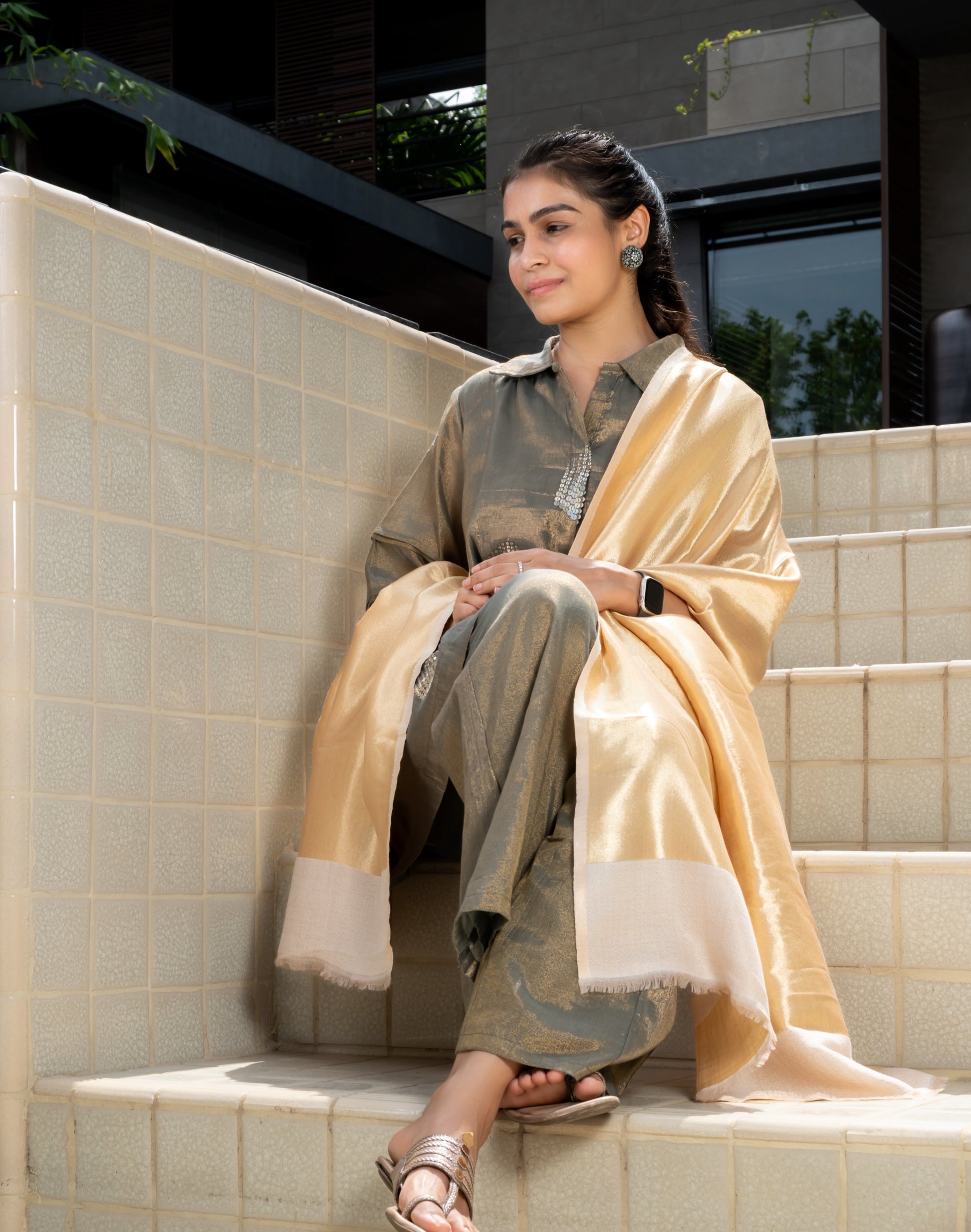 Metallic Stole - Cream
